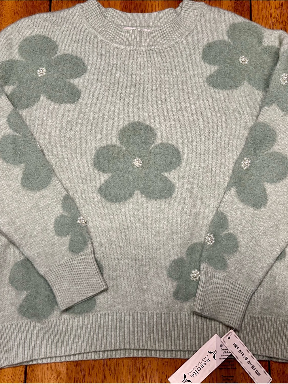 Nanette Lepore Light Green Sweater Sage Floral Appliqués Pearl Like Detail Large